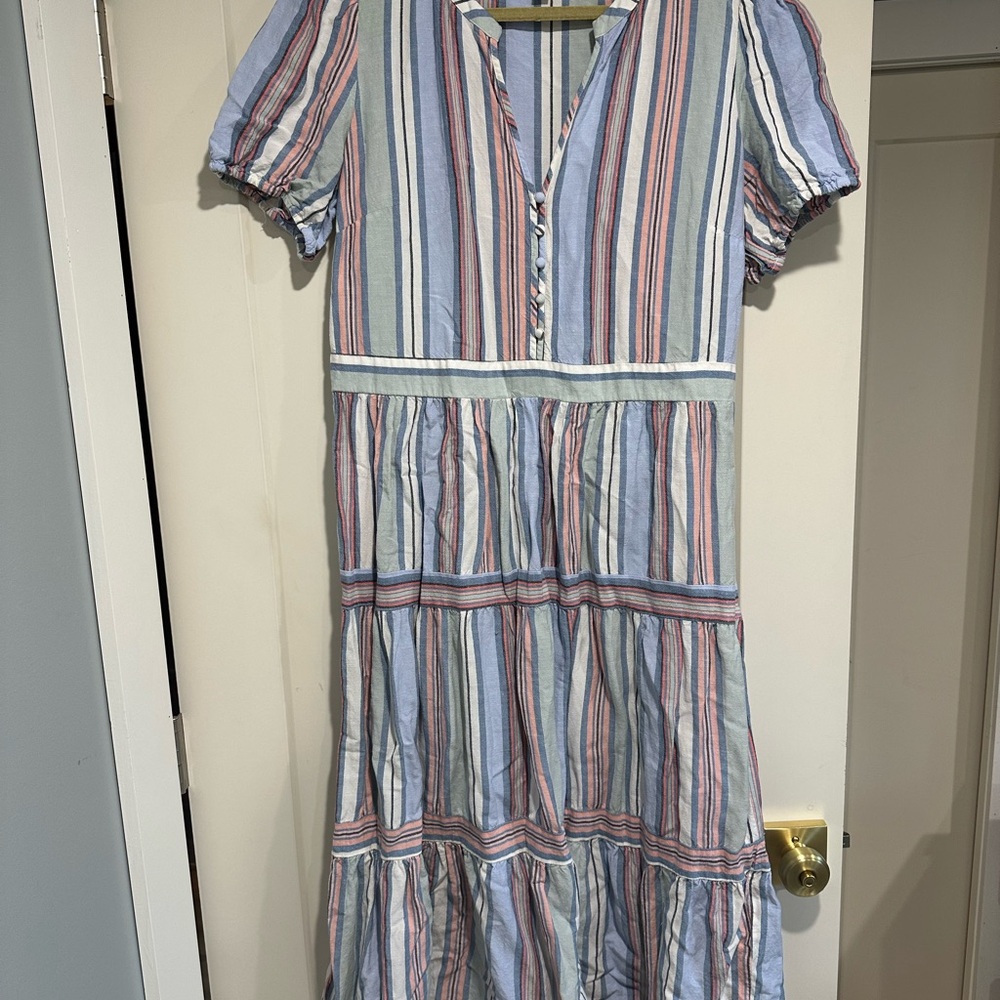 LOFT Blue and Pink Linen Striped Dress